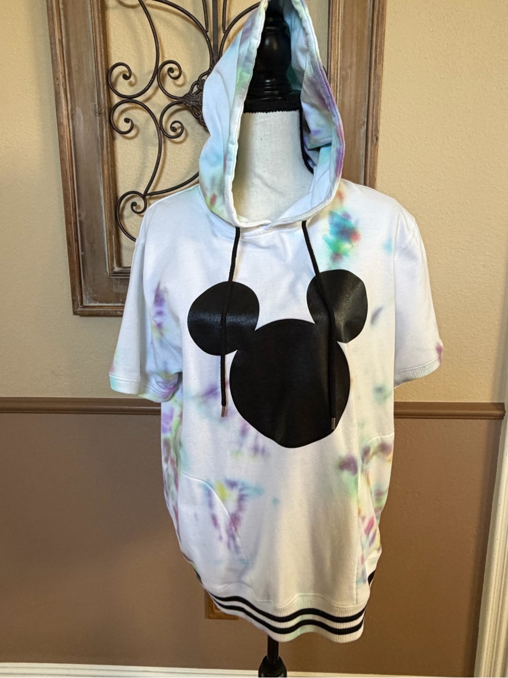 Disney White Tie-Dye Short-Sleeve Hoodie with Black Mickey Graphic